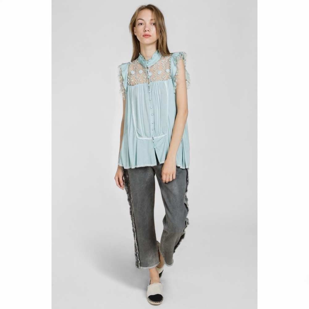 POL Mint Green Pleated Floral Lace Button Down Sleeveless Rayon Top - Picture 5 of 6